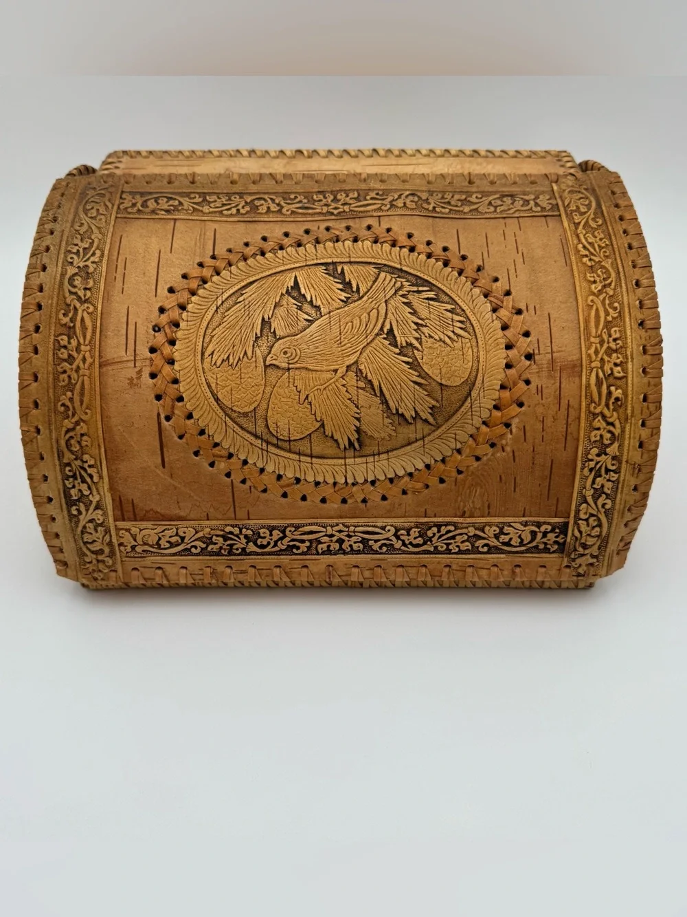 Handcrafted Birch Bark Storage Chest with Bird Carving – Rustic Folk Art